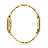 Side view demonstrating the ultra-slim 34mm case profile, the polished midcase wall, and the continuous uniform link pattern of the gold-plated bracelet band.