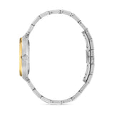 Profile view illustrating the slim case thickness, flat case profile, and the side construction of the stainless steel bracelet links.