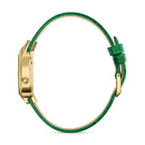 Side view showcasing the slim profile of the gold teardrop case head, the integrated minimalist crown, and the profile thickness of the green leather strap.