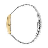 Side view demonstrating the curved rectangular profile of the gold-plated chassis and the fluid drape of the woven steel mesh band.