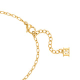 A detailed macro shot of the gold-plated lobster claw clasp mechanism on the Escada Alice bracelet, featuring the adjustable link track and the suspended solid monogram end tag.