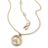 A high-resolution close-up studio shot of the Aigner Fina women's short necklace, showcasing the round yellow gold-plated locket pendant with its clear crystal top accent, natural mother-of-pearl backdrop, and three loose floating 'A' horseshoe charms inside, alongside the adjustable extension chain and a branded gold horseshoe end-charm.