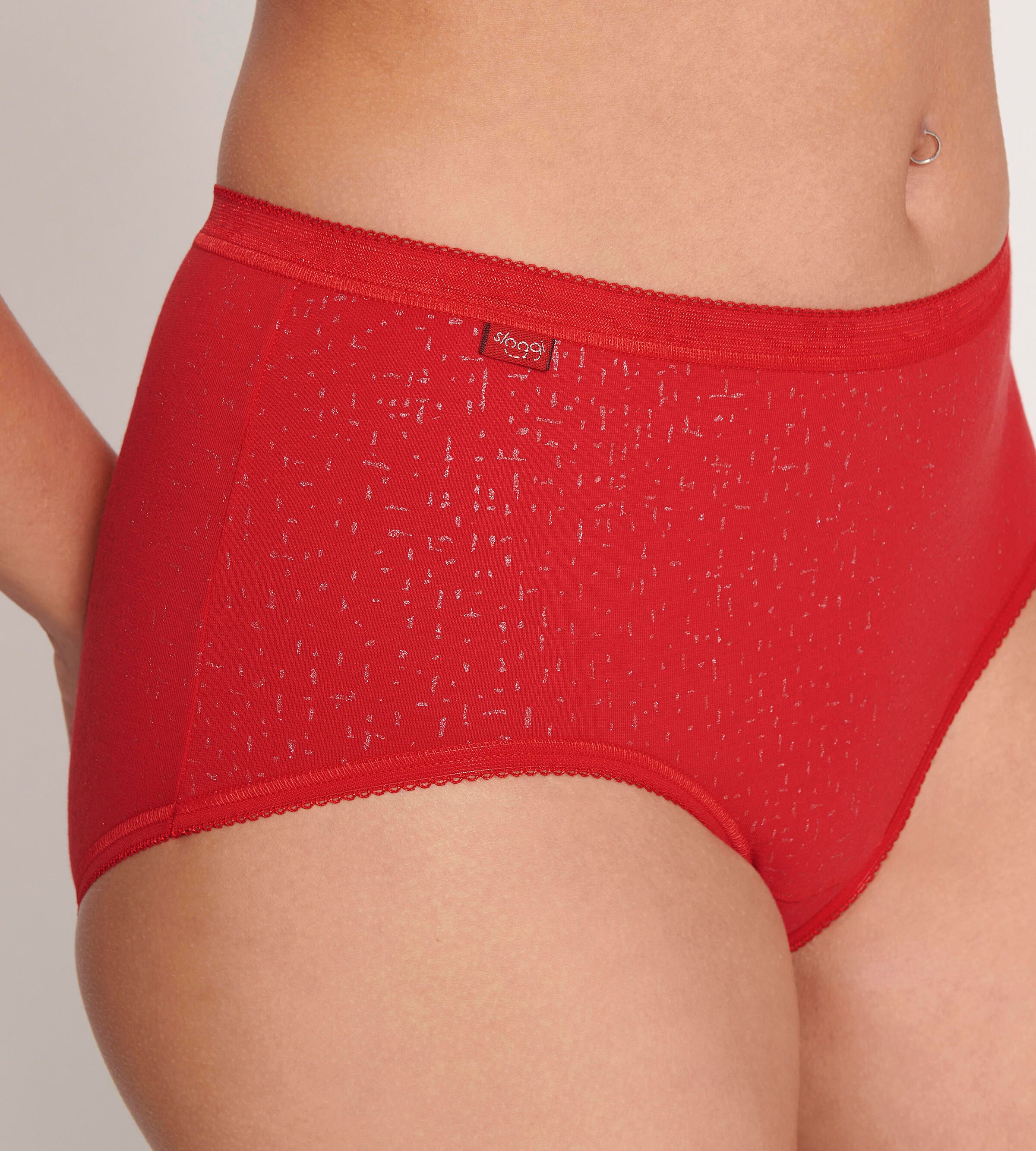 Close-up side view of model wearing the Sloggi Basic+ Midi panties in Red, showcasing the mid-rise fit and soft cotton texture. Shop Online at Blue Salon Qatar