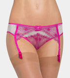 Close-up view of the Triumph Romance Spotlight pink suspender belt, showcasing the floral embroidery and adjustable satin straps. Find Now Online