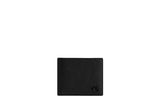 Front view of a closed black Coach bifold wallet featuring the signature "C" hardware logo in a matte black finish.