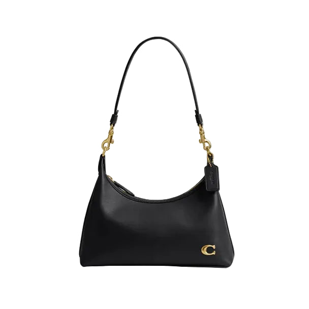 Front view of the black Coach Juliet Shoulder Bag showcasing its curved top, gold-tone hardware clips, and the signature "C" logo at the bottom corner.