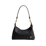 Front view of the black Coach Juliet Shoulder Bag showcasing its curved top, gold-tone hardware clips, and the signature "C" logo at the bottom corner.