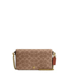 Front-facing view of the Coach Hayden clutch bag showing the signature "C" pattern, gold-tone hardware snap, and removable chain strap.