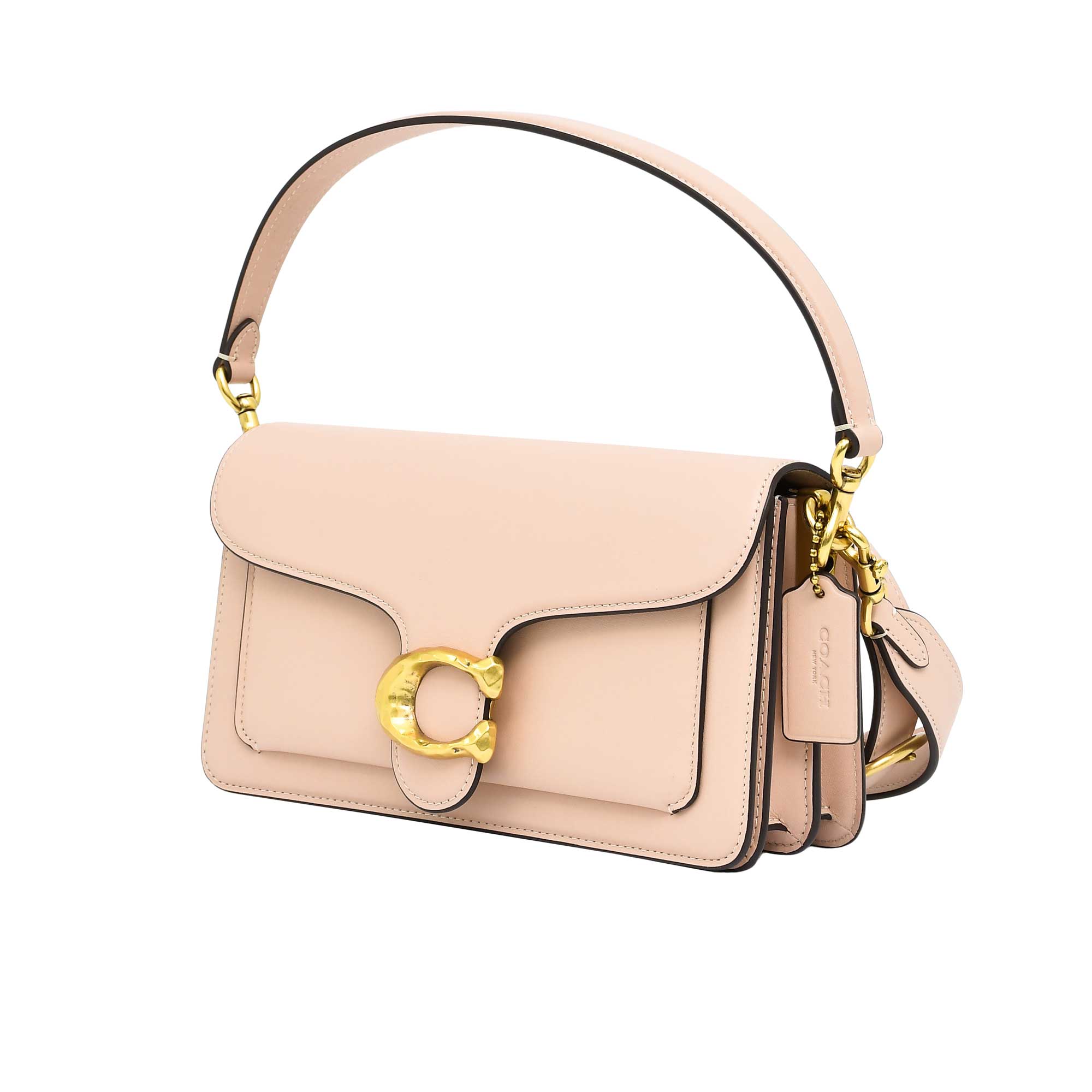 Side profile view of the silver mini Coach Tabby bag displaying the dual-gusset expandable structure, painted edges, and polished silver dogleash swivel clips on the detachable handle.