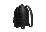 Three-quarter view of the Track Backpack in black highlighting the mixed-media leather and nylon construction and the signature leather hangtag.