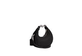 Side-angle view of the black Coach Lana bag highlighting the multi-compartment construction and integrated leather handles.