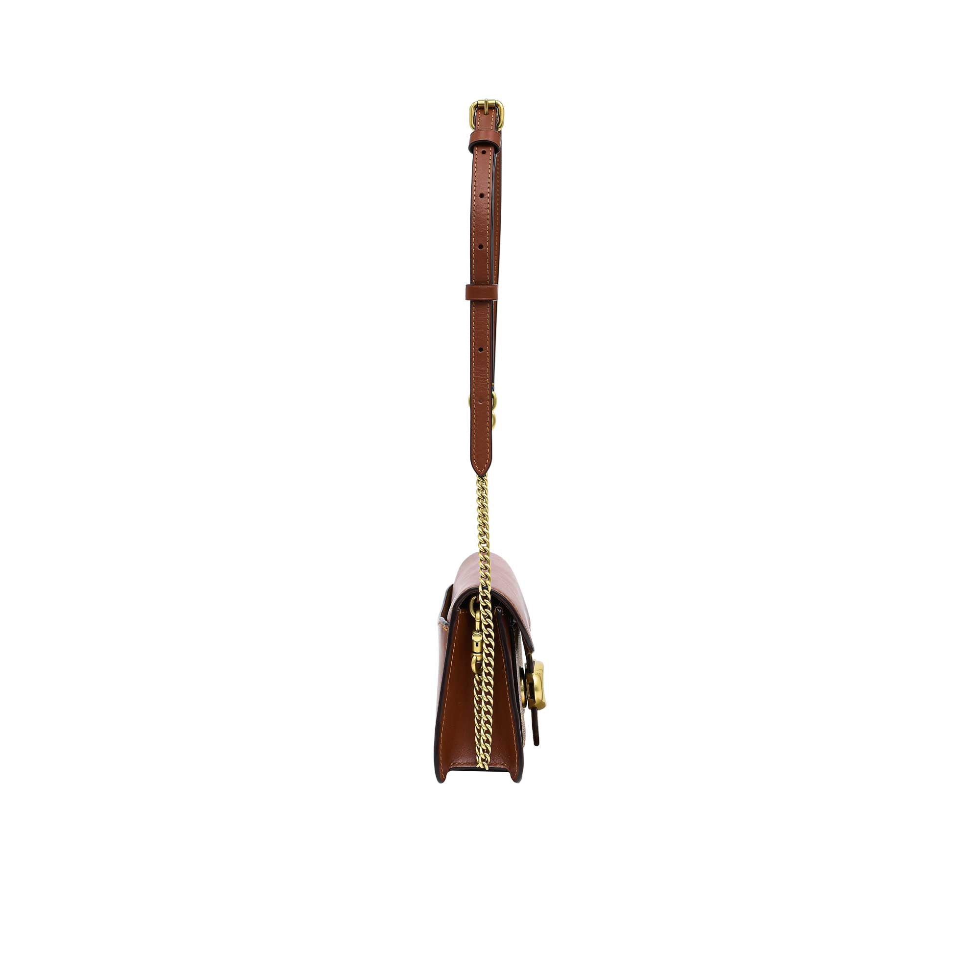 Small handbag with a brown strap and gold chain detail on a white background.