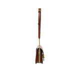 Small handbag with a brown strap and gold chain detail on a white background.