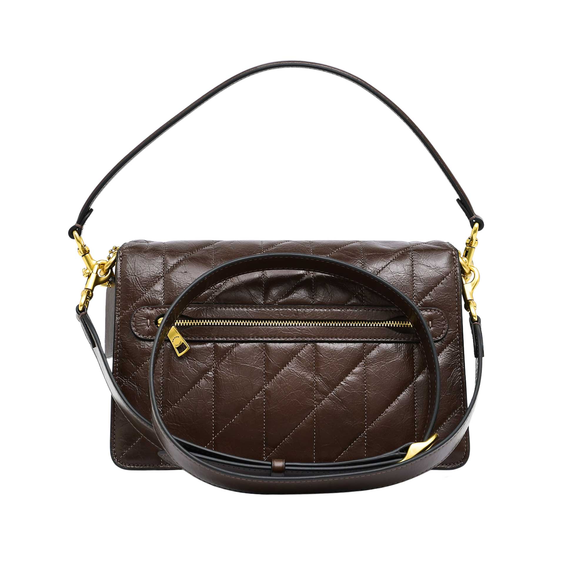 Back view of the Coach Tabby messenger bag in classic maple brown leather, showing a clean rear panel with a full-width exterior slip pocket and detailed stitching.