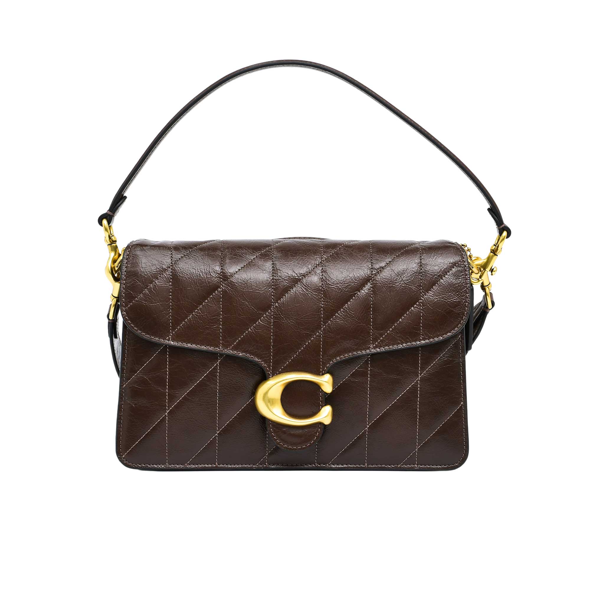 Front view of the Coach Tabby Messenger Bag 19 in maple brown leather, featuring a structured square silhouette, an iconic tonal brown signature C logo on the flap, and a wide adjustable crossbody strap against a white background.