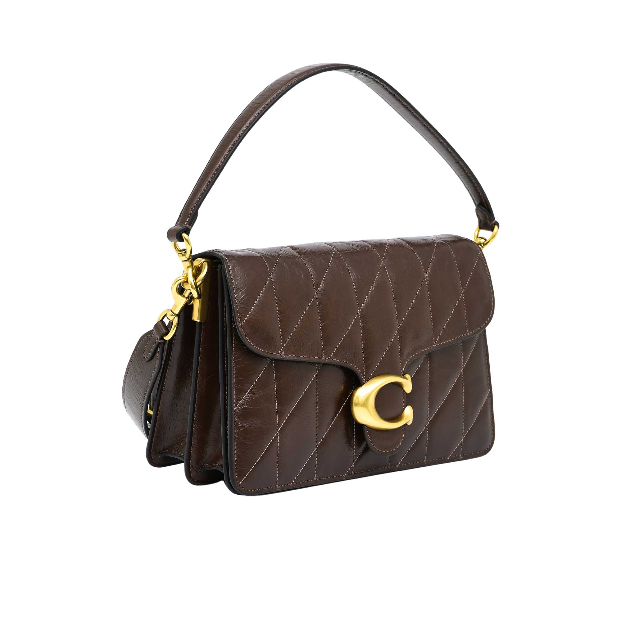 Side profile view of the maple brown Coach Tabby messenger bag showing its expandable multi-gusset structure, neat finished edges, and the brown dogleash clasp attaching the wide strap.