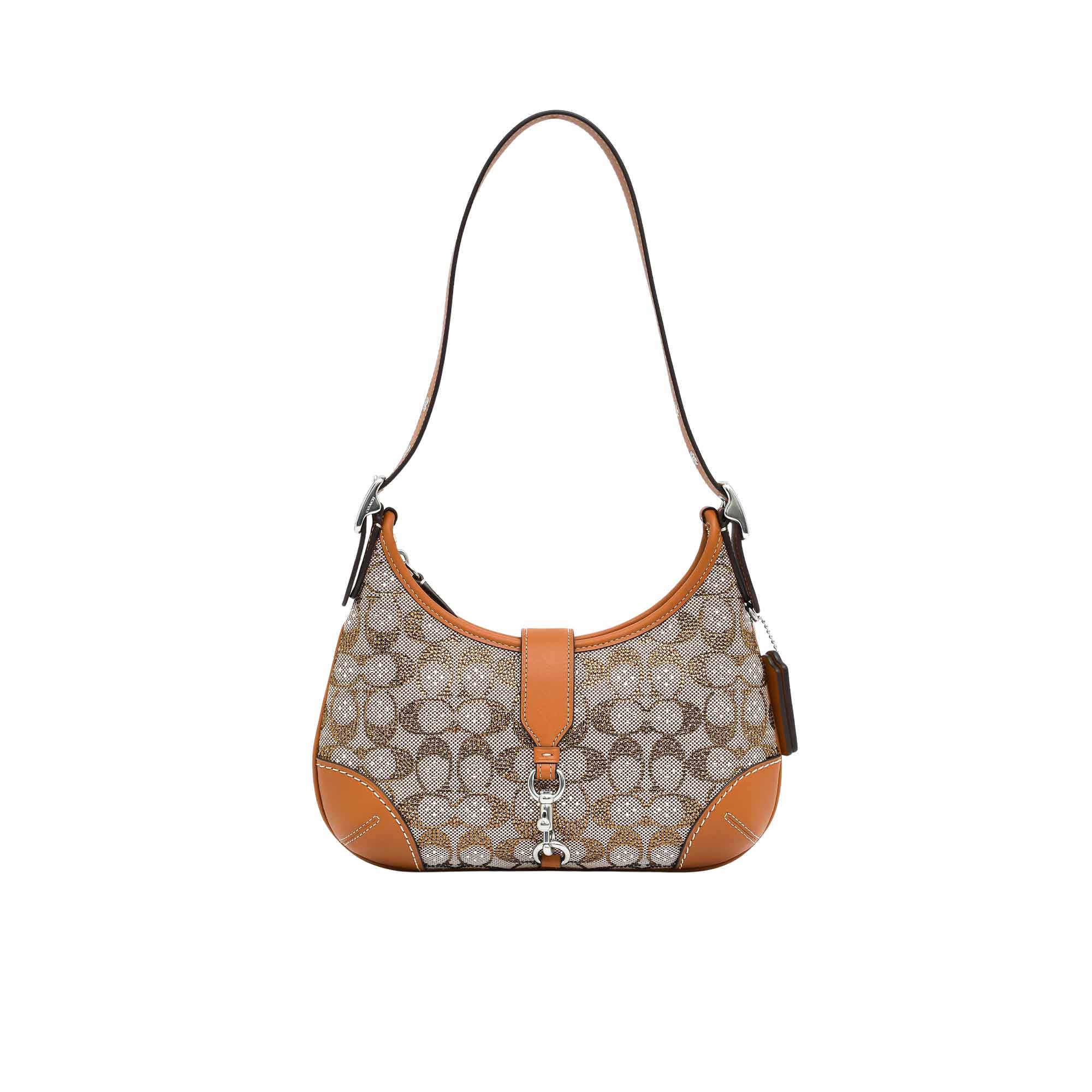 Handbag with brown and beige pattern on a white background.