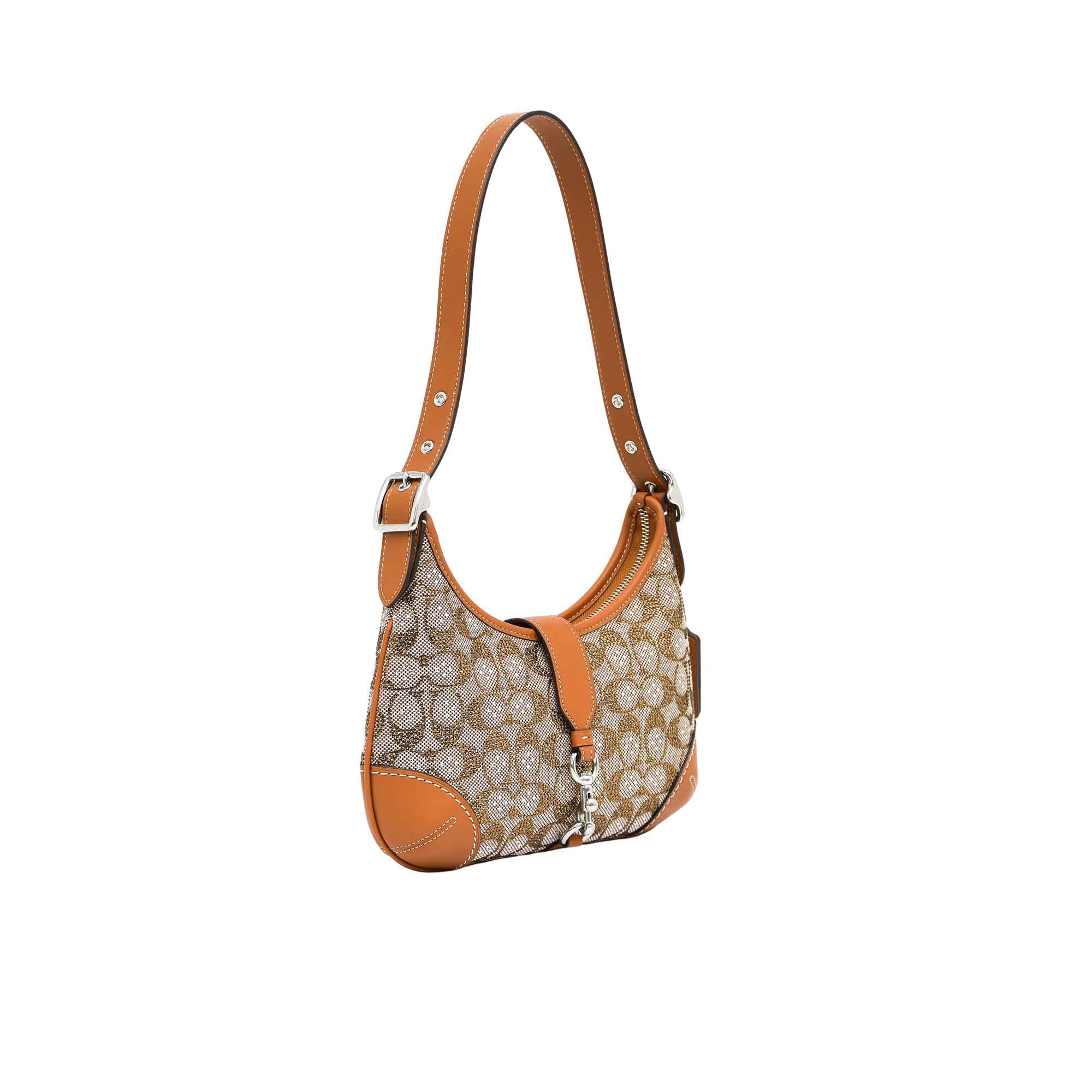 Handbag with brown and beige pattern on a white background.