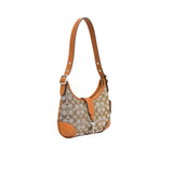 Handbag with brown and beige pattern on a white background.
