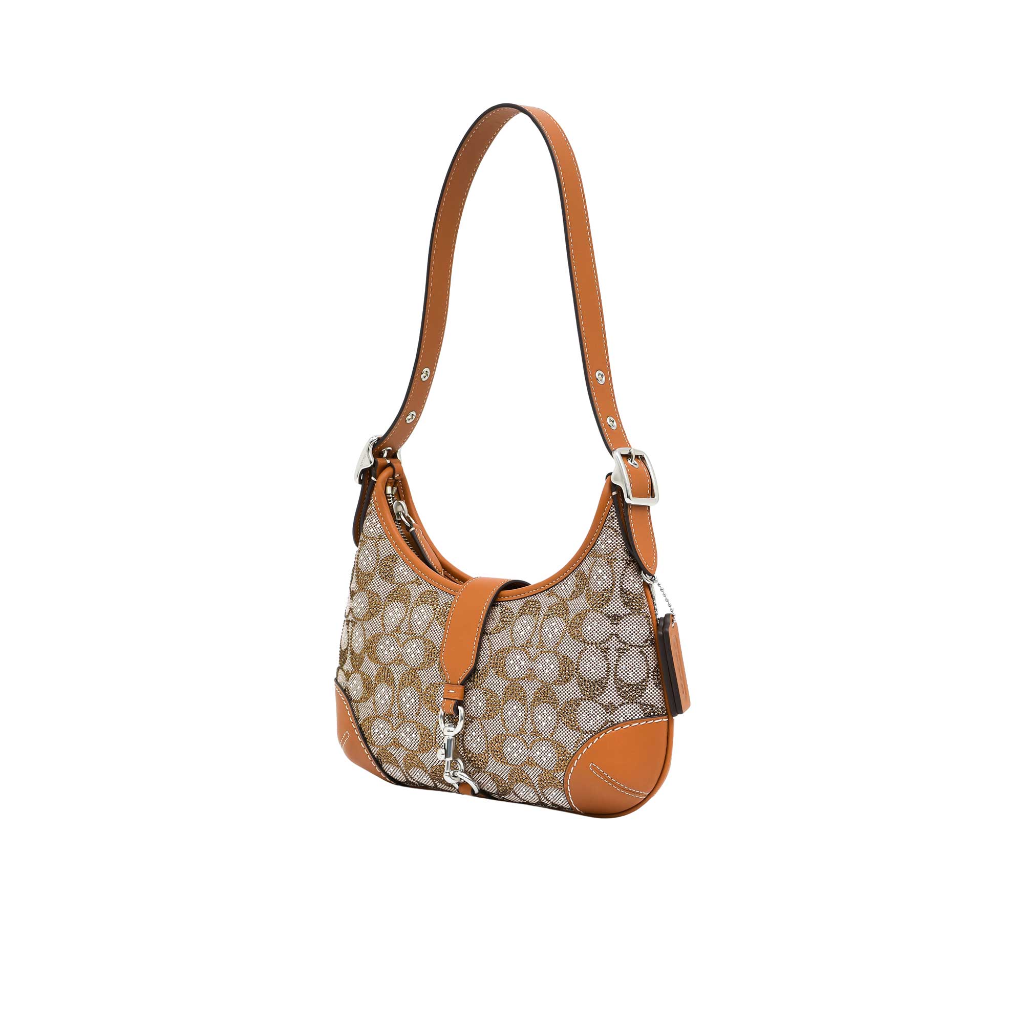 Handbag with floral pattern and brown accents on a white background.