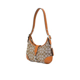 Handbag with floral pattern and brown accents on a white background.