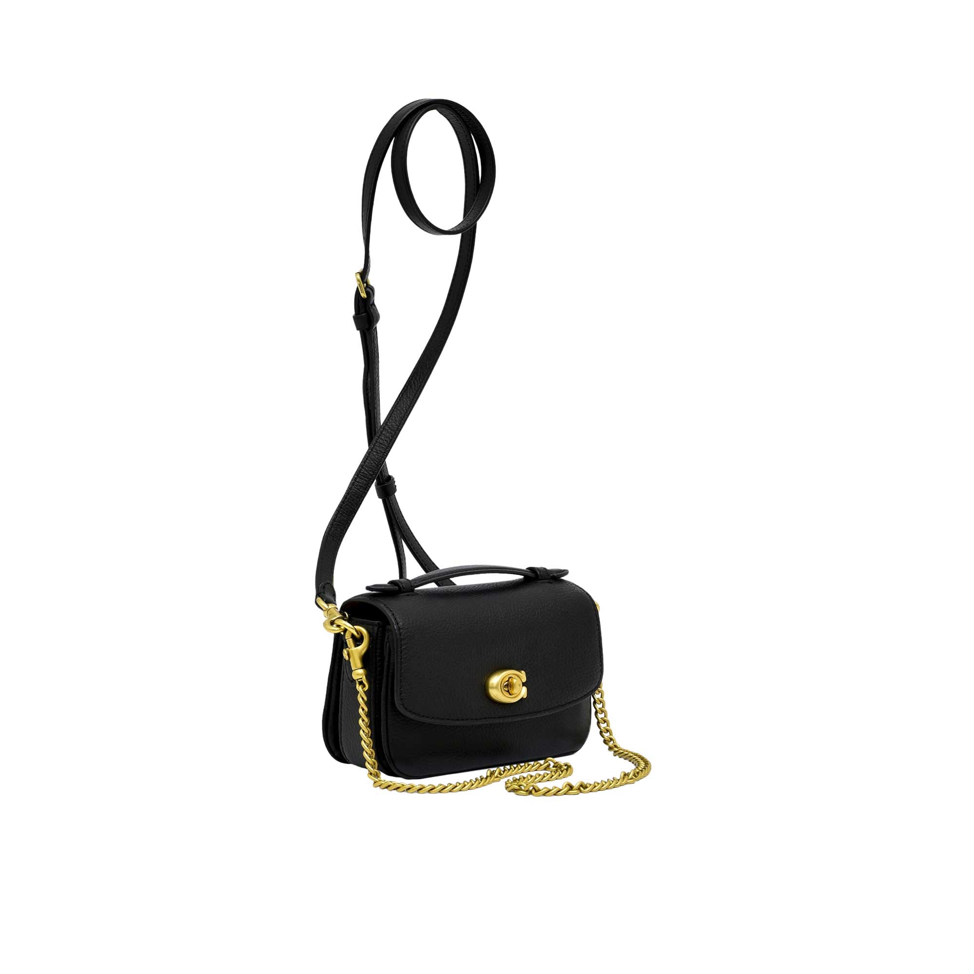 Side view of the metallic silver Coach wristlet displaying its slim, expandable gusset design and hand-painted edges with polished silver hardware attachment clips.