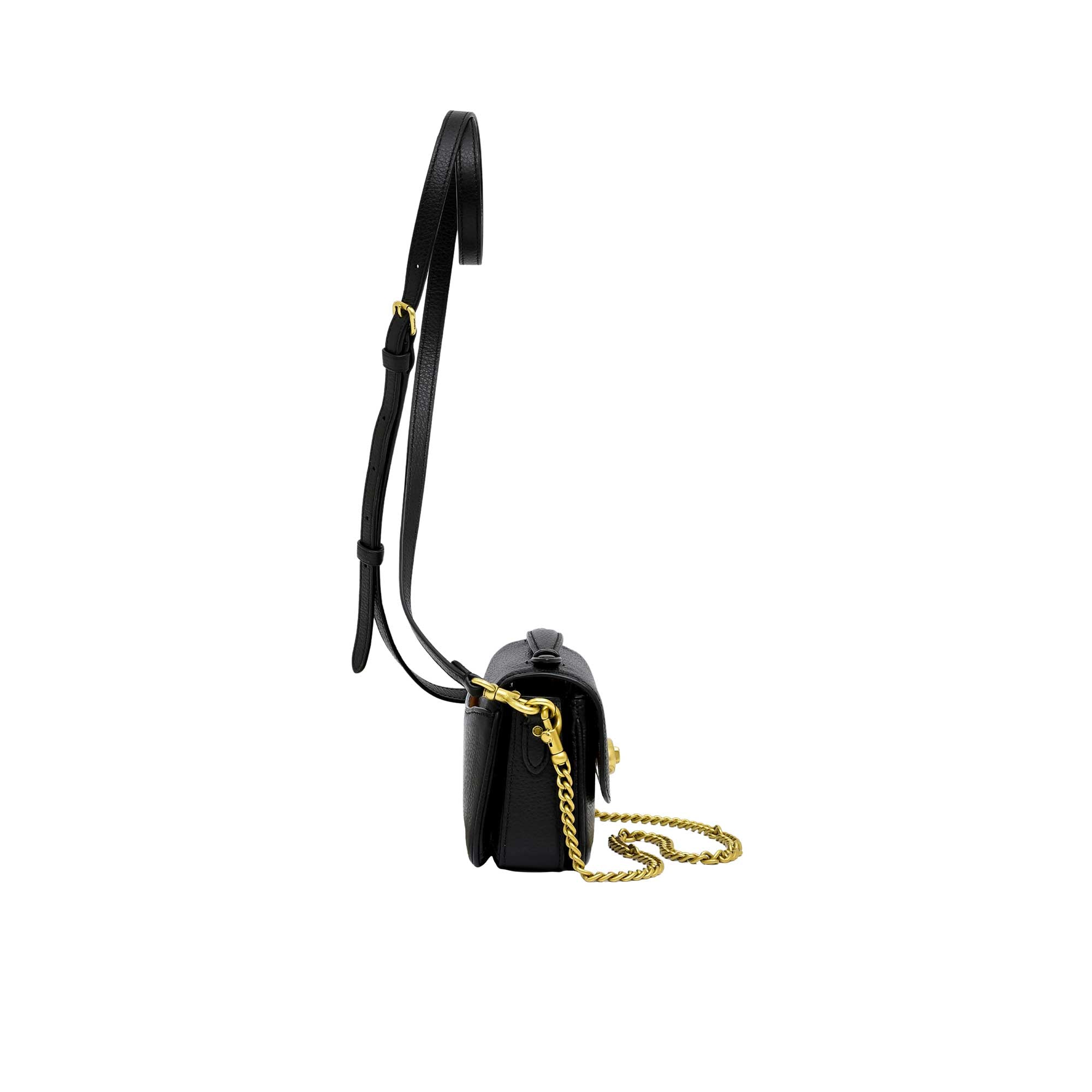 Side view of the metallic silver Coach wristlet displaying its slim, expandable gusset design and hand-painted edges with polished silver hardware attachment clips.