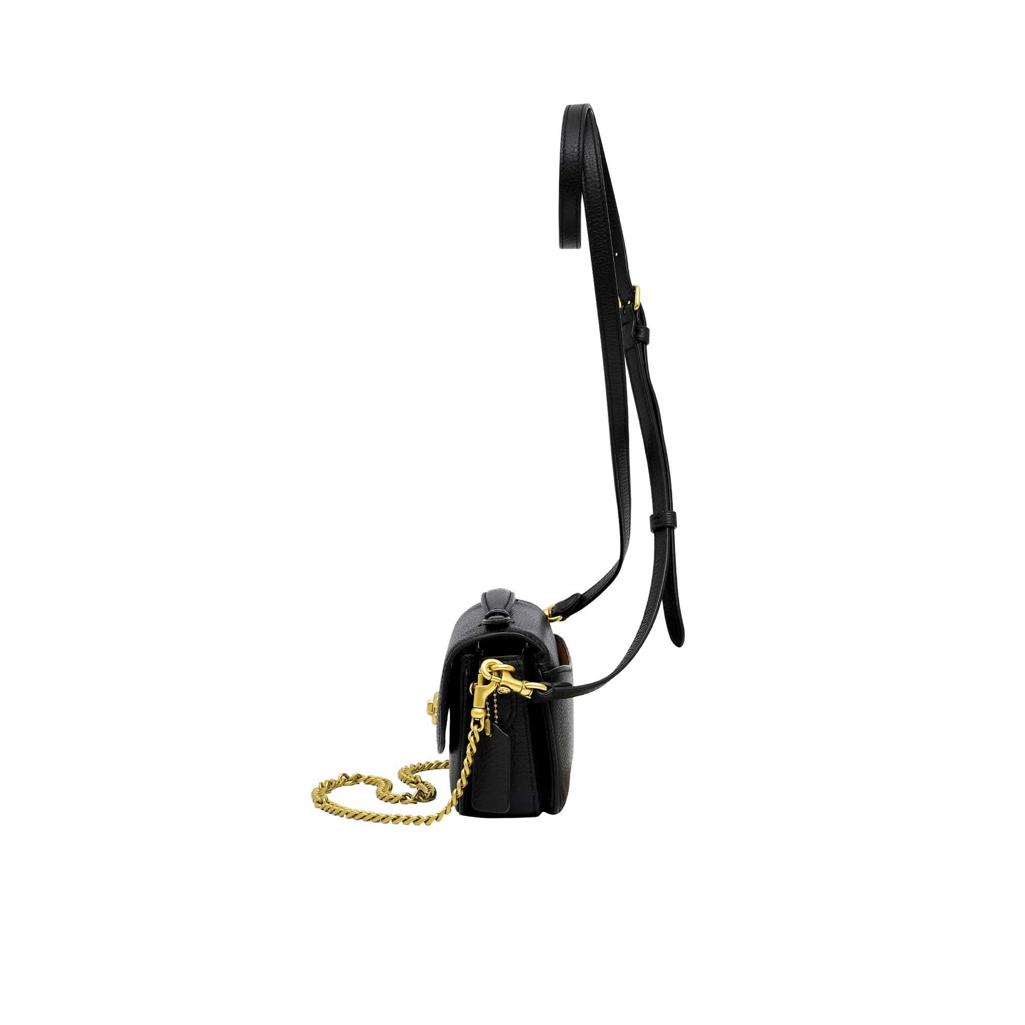 Side view of the metallic silver Coach wristlet displaying its slim, expandable gusset design and hand-painted edges with polished silver hardware attachment clips.
