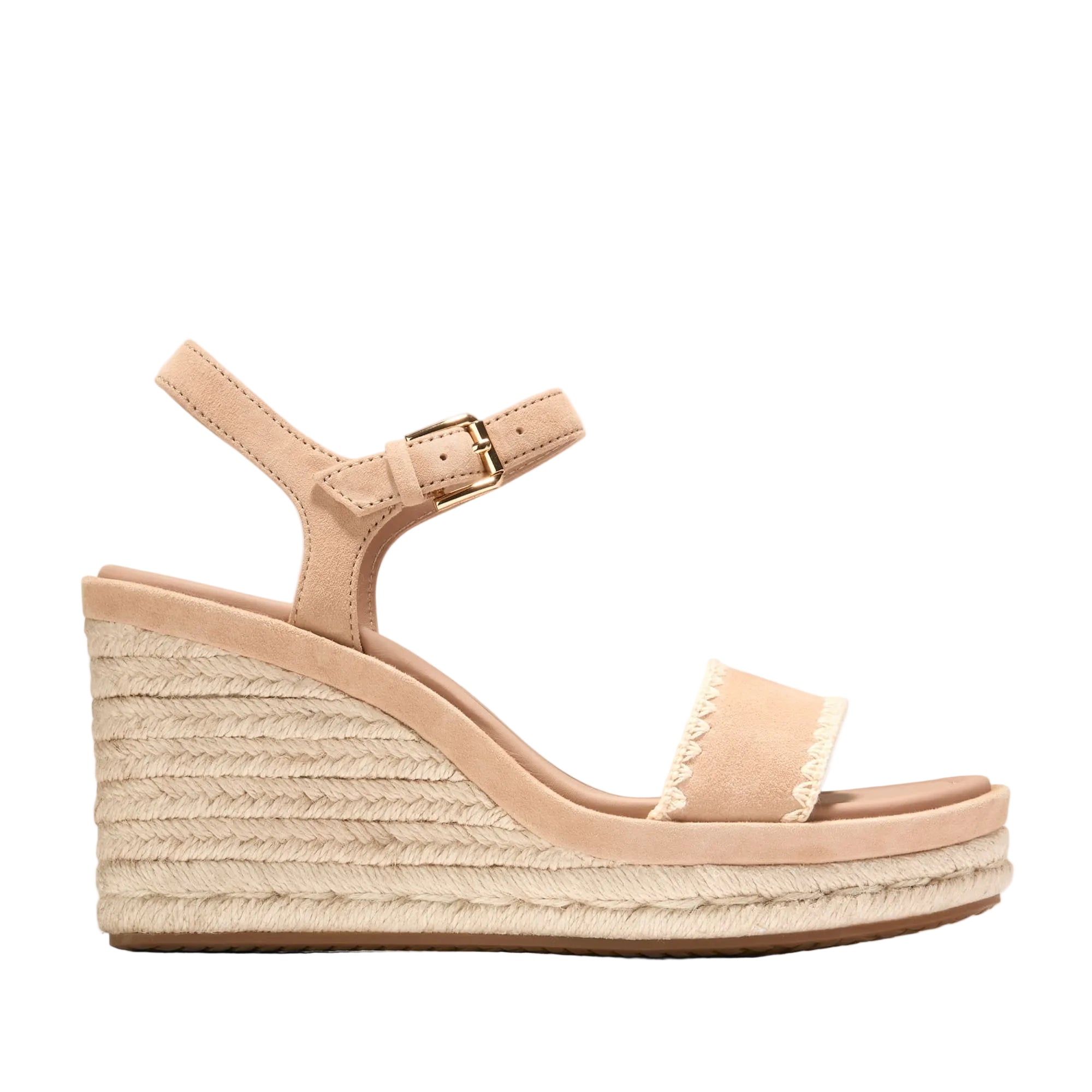Cole Haan Women's Cloudfeel Asbury Espadrille Wedge Sandals Beige wedge sandal with espadrille sole on a white background
