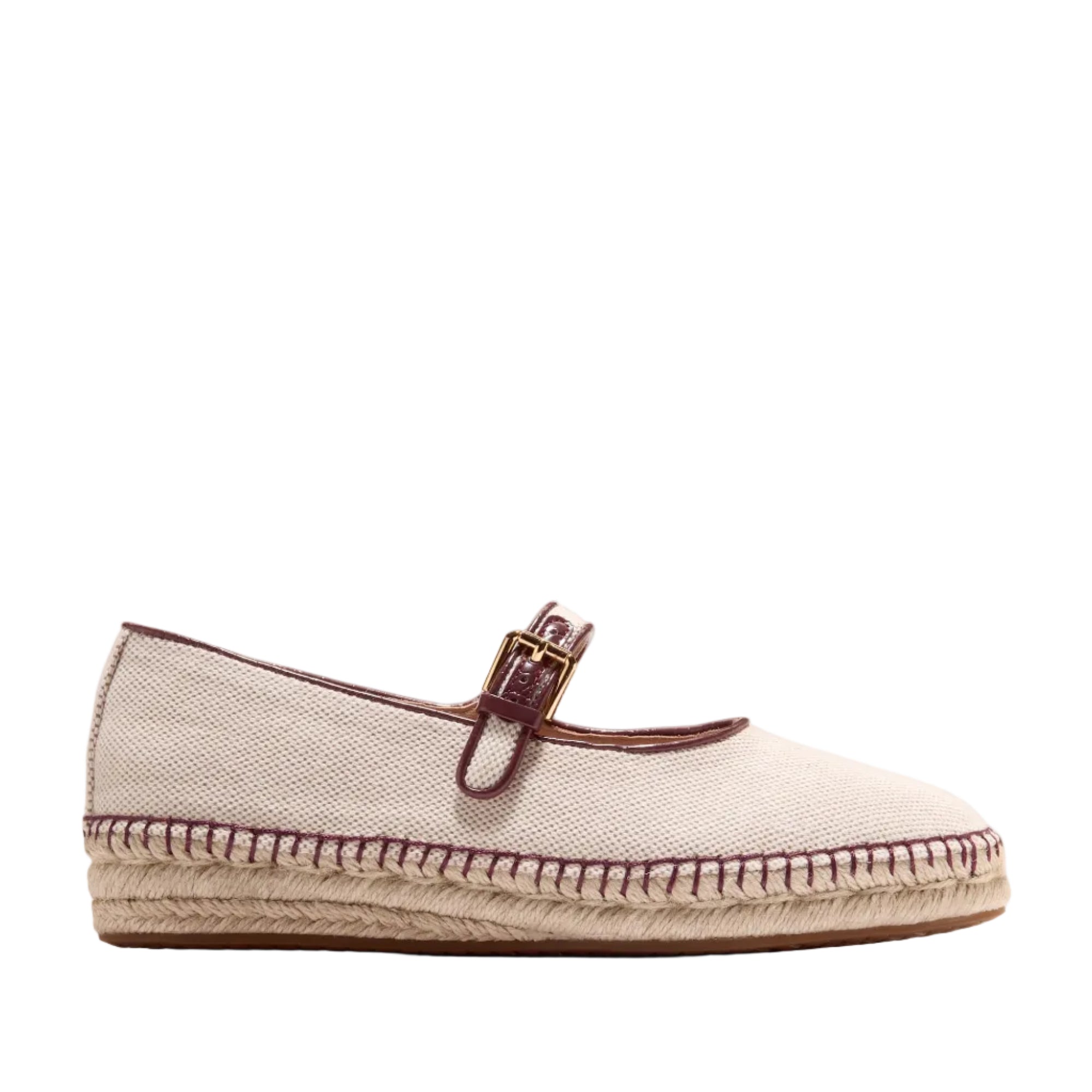Cole Haan Women's Cloudfeel Asbury Mary Jane Ballet Flats Beige espadrille shoe with brown sole on a white background