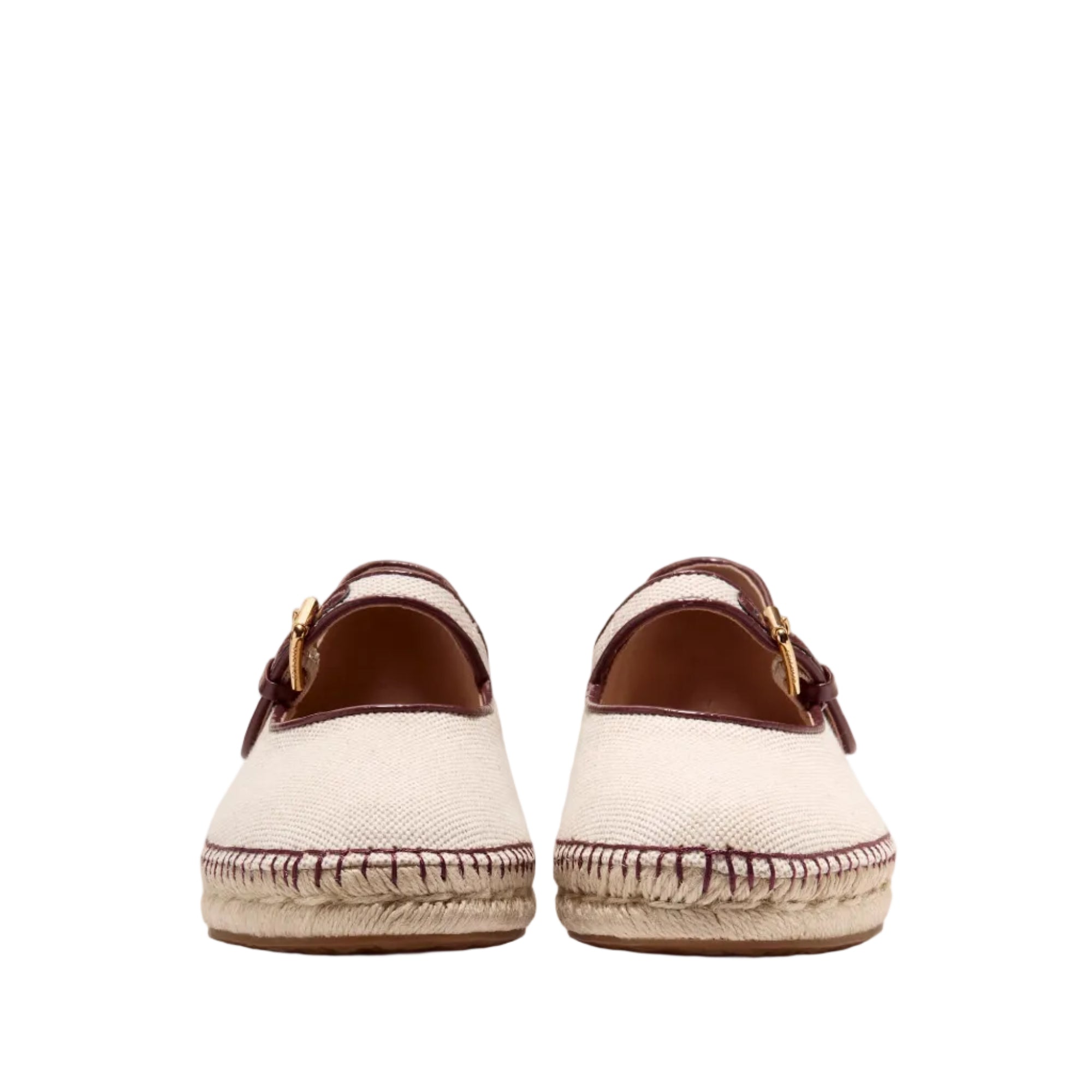 Cole Haan Women's Cloudfeel Asbury Mary Jane Ballet Flats Pair of beige espadrilles with brown straps on a white background
