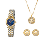 A full display of the Escada Scarlett luxury box set, showcasing the two-tone blue diamond dial watch alongside the matching gold-plated open-framework double-E monogram pendant necklace and matching round crystal stud earrings.