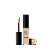 Clear bottle of light beige concealer with a black cap. Applicator with flocked tip. Separate black cap with gold-toned flora