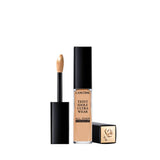Clear rectangular bottle of Lancome beige liquid concealer. Black wand with beige doe-foot applicator. Black cap with gold-to