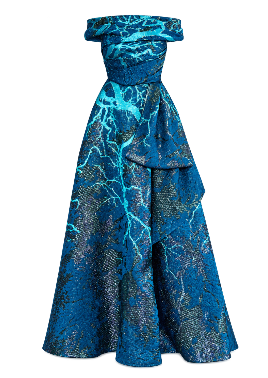 Teal and dark blue off-the-shoulder long dress with a textured jacquard fabric featuring a bright blue lightning bolt pattern