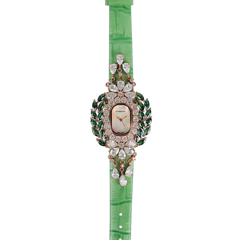 Crisathena Paris Chandelier Women’s Watch – Rose Gold with White & Green Gemstones