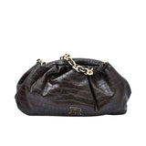 Ermanno Firenze black croc-embossed leather clutch with gold chain handle and logo detail. Exclusive Online.
