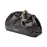 Ermanno Firenze black croc-embossed leather clutch with gold chain handle and logo detail. Exclusive Online.