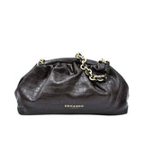 Ermanno Firenze black croc-embossed leather clutch with gold chain handle and logo detail. Exclusive Online.