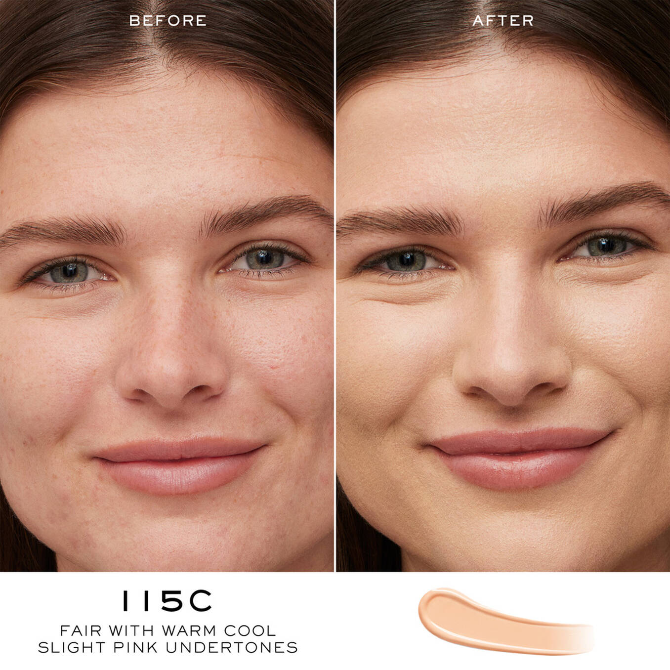 A creamy, light peach-toned liquid concealer swatch, shade 115C, for fair skin with warm cool slight pink undertones.