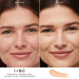A creamy, light peach-toned liquid concealer swatch, shade 115C, for fair skin with warm cool slight pink undertones.