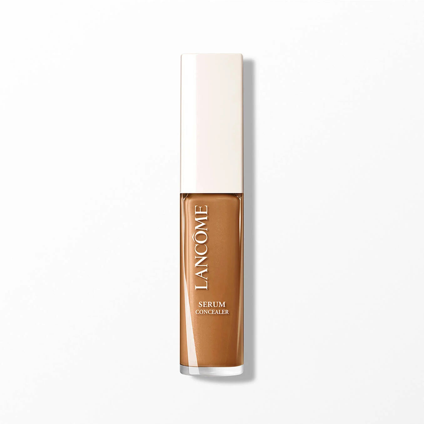 Rectangular concealer bottle with clear bottom showing medium brown liquid and an off-white cap. White text: 'LANCÔME SERUM C