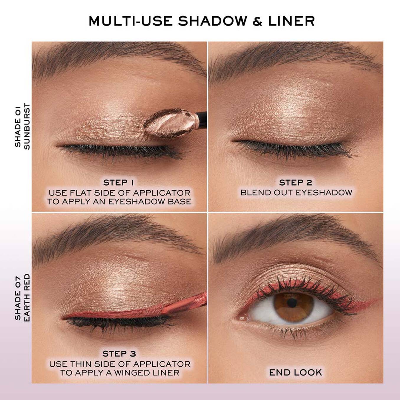 Dual-sided applicator wand with a shimmery, light gold liquid tint on its flat side and a reddish-orange liquid tint on its t