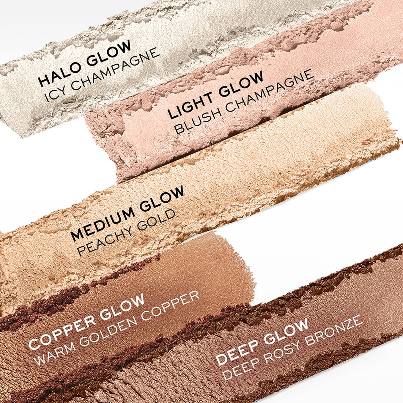 Five shimmery powder highlighter shades: icy champagne, blush champagne, peachy gold, warm golden copper, and deep rosy bronz