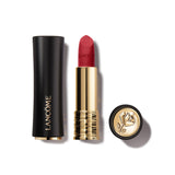 Matte black lipstick tube with gold-toned accents. Red lipstick bullet with "LANCOME" embossed. Gold-toned rose emblem on the