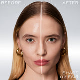 Lancome Skin Perfecting Setting product in shade 02 Fair applied to one side of a woman's face, showing a refined complexion.