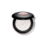 Open round compact with a black lid, rose-gold toned base, and a rose-gold toned oval insert with an embossed rose. Contains