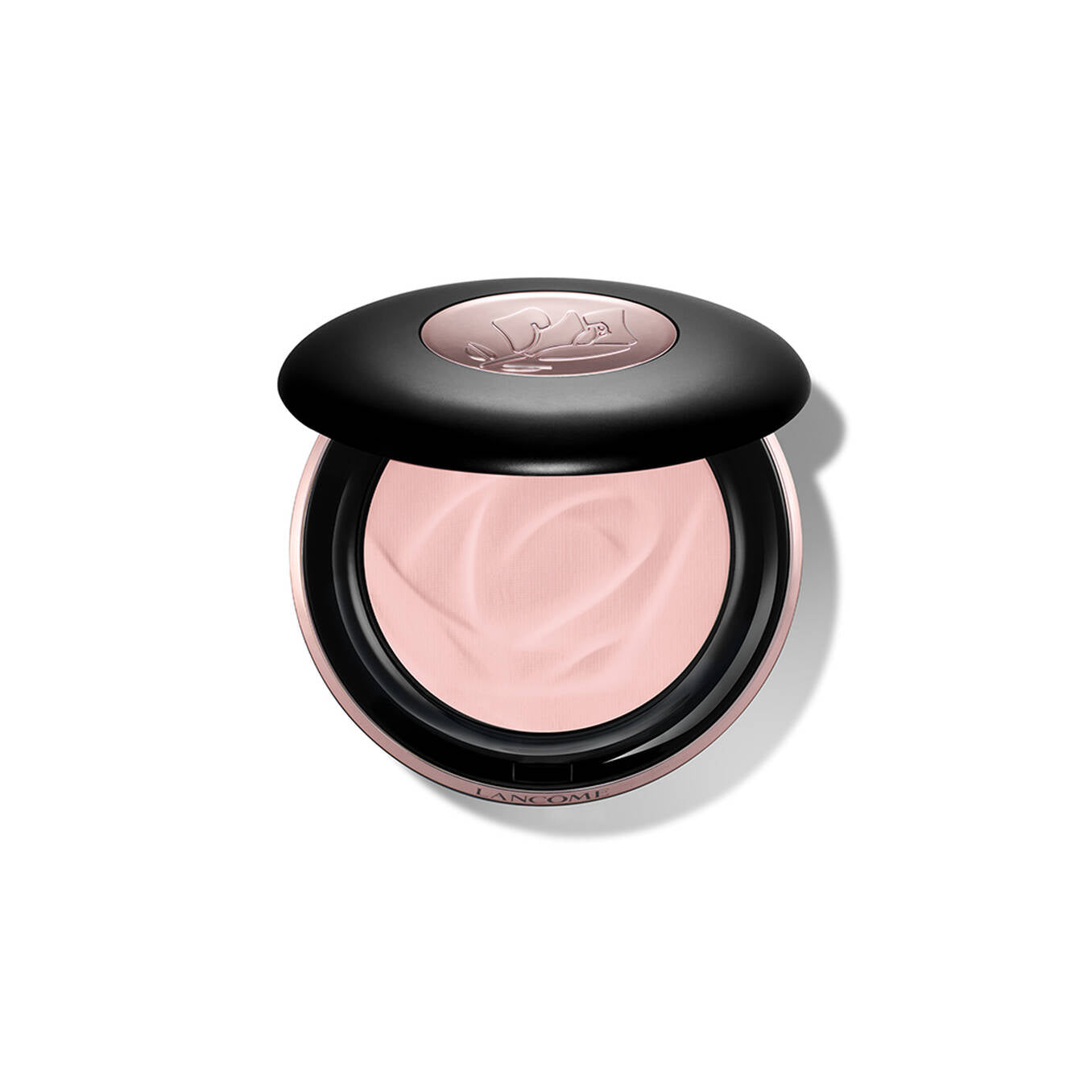 Partially open compact with black lid, rose-toned base, and light pink swirled powder. Embossed lid, Lancome text.