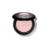 Partially open compact with black lid, rose-toned base, and light pink swirled powder. Embossed lid, Lancome text.