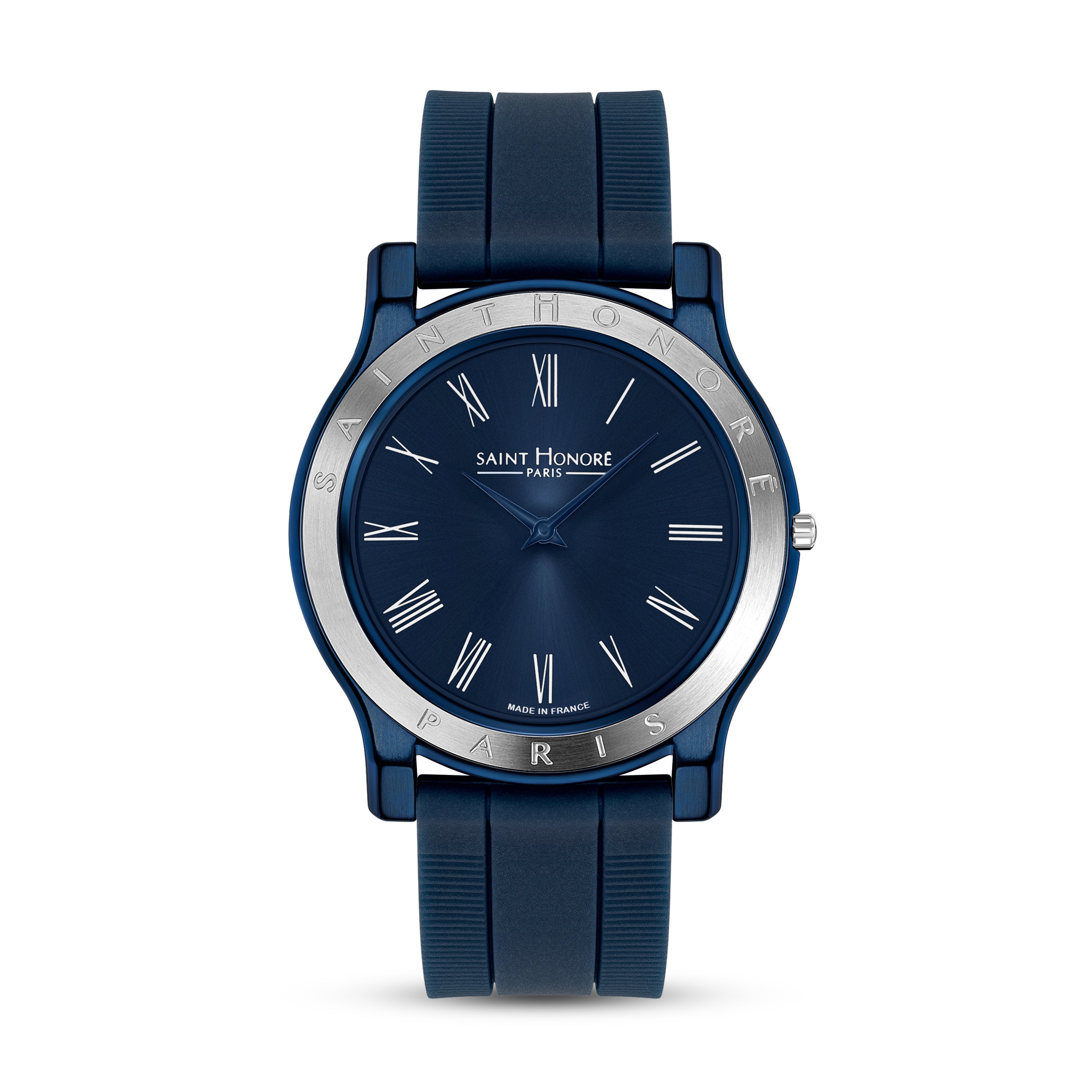 Saint Honore watch with a blue case, blue dial, silver-toned bezel, and blue silicon strap with Roman numerals.